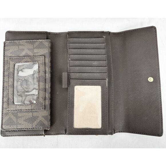 Michael Kors Women's Jet Set Large Checkbook Wallet Brown Signature MK Monogram - Picture 7 of 9